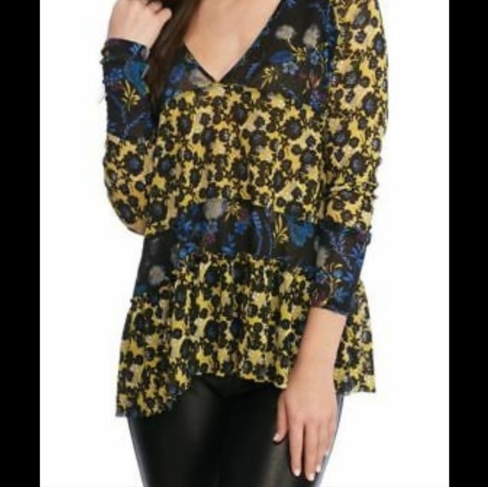 Free People Isabelle Floral V-Neck Long Sleeve Tunic Top Yellow/Blue/Black XS